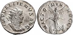Roman Imperial Gallienus, 253-268. Antoninianus (Billon, 21 mm, 3.87 g, 7 h), Mediolanum, 258-259. IMP GALLIENVS AVG Radiate and cuirassed bust of Gallienus to right. Rev. VICTORIA AVGG Victory flying