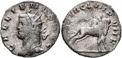Roman Imperial Gallienus, 253-268. Antoninianus (Billon, 20 mm, 3.01 g, 1 h), Mediolanum, 261. GALLIENVS AVG Radiate head of Gallienus to left. Rev. LEG VII CL VII P VII F Bull standing right. Cohen 5
