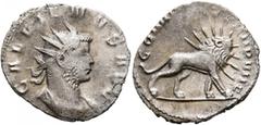 Roman Imperial Gallienus, 253-268. Antoninianus (Billon, 21 mm, 2.01 g, 7 h), Mediolanum, 261. GALLIENVS AVG Radiate and cuirassed bust of Gallienus to right. Rev. COHH PR[AE]T VII P VII F Radiate lio