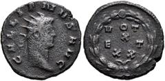 Roman Imperial Gallienus, 253-268. Antoninianus (Billon, 19 mm, 2.89 g, 6 h), Mediolanum, 262. GALLIENVS AVG Radiate head of Gallienus to right. Rev. VOT / X / ET / XX in four lines within laurel wrea