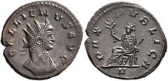 Roman Imperial Gallienus, 253-268. Antoninianus (Billon, 21 mm, 3.83 g, 6 h), Rome, 263-264. GALLIENVS AVG Radiate and cuirassed bust of Gallienus to right. Rev. PAX PVBLICA / V Pax seated left, holdi