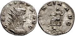 Roman Imperial Gallienus, 253-268. Antoninianus (Silvered bronze, 21 mm, 3.45 g, 6 h), Siscia, 264-265. GALLIENVS AVG Radiate and cuirassed bust of Gallienus to right. Rev. SISCIA AVG Siscia seated le