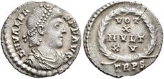 Roman Imperial Valens, 364-378. Siliqua (Silver, 18 mm, 2.00 g, 6 h), Treveri, 367-375. D N VALENS P F AVG Pearl-diademed, draped and cuirassed bust of Valens to right. Rev. VOT / X / MVLT / XX in fou
