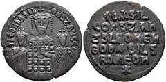 Byzantine Basil I the Macedonian, with Constantine and Leo VI, 867-886. Follis (Bronze, 25 mm, 5.91 g, 6 h), Constantinopolis, 870-879. + LЄOҺ bASIL COҺST AЧGG Facing half-length figures of Basil in c