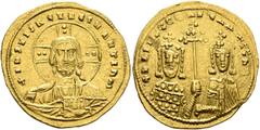 Byzantine Basil II Bulgaroktonos, with Constantine VIII, 976-1025. Histamenon (Gold, 23 mm, 4.40 g, 7 h), Constantinopolis, circa 989-1001. +IҺS XIS RЄX RЄGNANTIҺm Nimbate bust of Christ facing, weari