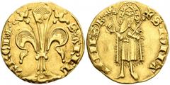 World FRANCE, Provincial. Arles. Étienne de la Garde, 1351-1361. Florin d'or (Gold, 20 mm, 3.45 g, 4 h). S•AREL' ARChP• Large ornate lily of Florence. Rev. S•IONA-NNES•B St. John the Baptist standing 