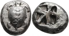 Greek ISLANDS OFF ATTICA, Aegina. Circa 500/490-480 BC. Stater (Silver, 19 mm, 9.73 g). Sea turtle, with a line of pellets down the back of its shell; countermark on shell (?). Rev. Square incuse with