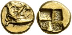 Greek MYSIA. Kyzikos. Circa 450-330 BC. Myshemihekte – 1/24 Stater (Electrum, 6 mm, 0.68 g). Herakles kneeling right, strangling the Nemean Lion; below, tunny right. Rev. Quadripartite incuse square. 