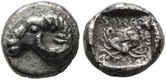 Greek TROAS. Kebren. 5th century BC. Obol (Silver, 8 mm, 0.66 g, 1 h). Head of a ram to left. Rev. Facing gorgoneion with protruding tongue within incuse square. Elsen 94 (2007), 264. Rosen -, cf. 533