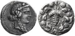 Greek LYDIA. Sardes. Circa 166-67 BC. Drachm (Silver, 15 mm, 2.78 g, 12 h), cistophoric standard, circa 150 BC. Head of Dionysos to right, wearing wreath of ivy and fruit. Rev. Σ-ΑΡ Bunch of grapes; a