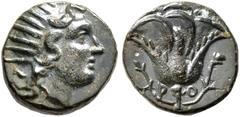 Greek ISLANDS OFF CARIA, Rhodos. Rhodes. Circa 205-190 BC. Chalkous (Bronze, 11 mm, 1.21 g, 12 h). Radiate head of Helios to right. Rev. Ρ-Ο Rose with bud on either side. HGC 6, 1481. Karl 677. SNG Ke