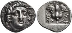 Greek ISLANDS OFF CARIA, Rhodos. Rhodes. Circa 170-150 BC. Hemidrachm (Silver, 13 mm, 1.44 g, 12 h), 'Plinthophoric' coinage, Dexikrates, magistrate. Radiate head of Helios facing slightly to right. R