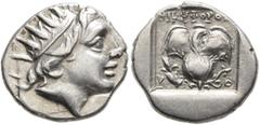 Greek ISLANDS OFF CARIA, Rhodos. Rhodes. Circa 88-84 BC. Drachm (Silver, 14 mm, 2.38 g, 12 h), 'Plinthophoric' coinage, Nikephoros, magistrate. Radiate head of Helios to right. Rev. ΝΙΚΗΦΟΡΟΣ / P - O 