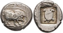 Greek DYNASTS OF LYCIA. Uncertain dynast, circa 470-440 BC. Stater (Silver, 21 mm, 9.38 g, 3 h). Boar standing right. Rev. Tortoise within dotted square within incuse square. Müseler II, 30-31. SNG vo