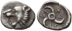 Greek DYNASTS OF LYCIA. Uncertain dynast. Hemiobol (?) (Silver, 7 mm, 0.24 g). Roaring head of a lion to left. Rev. 𐊛𐊔𐊗𐊕𐊜𐊅 (?) ('hkstrxd' in Lycian) Triskeles. BMC -. Müseler -. Extremely rare. 