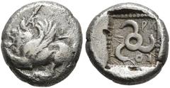 Greek DYNASTS OF LYCIA. Kuprilli, circa 470/60-440/35 BC. Trihemiobol (?) (Silver, 10 mm, 1.06 g). Winged lion jumping left; above, A (?). Rev. 𐊋𐊒𐊓𐊕𐊍 ('koprl' in Lycian) Triskeles; all within inc