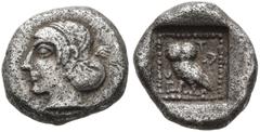 Greek DYNASTS OF LYCIA. Teththiweibi, circa 450-430/20 BC. Obol (Silver, 9 mm, 0.79 g, 11 h), Phellos. Head of Aphrodite to left, her hair bound up in the back. Rev. 𐊗𐊁𐊉 ('Teth' in Lycian) Owl stan