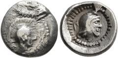 Greek DYNASTS OF LYCIA. Vekhssere II (?), circa 410-390/80 BC. Obol (Silver, 11 mm, 0.89 g, 12 h). Head of Athena to right, wearing crested Attic helmet. Rev. Bearded head of Vekhssere II (?) to right