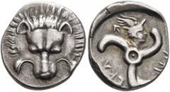 Greek DYNASTS OF LYCIA. Perikles, circa 380-360 BC. 1/3 Stater (Silver, 17 mm, 3.00 g). Facing lion's scalp. Rev. 𐊓𐊁𐊕-𐊆𐊋𐊍-𐊁 ('Perikle' in Lycian) Triskeles; above, head of Hermes wearing winged