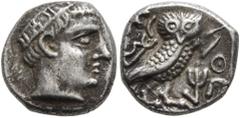 Greek ARABIA, Southern. Qataban. before 150 BC. Hemidrachm (Silver, 12 mm, 2.07 g, 9 h), imitating Athens. Male head to right, wearing diadem inscribed 𐩴𐩣𐩪𐩣 ('gms¹m' in South Arabian). Rev. AΘE Ow