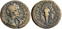 Roman Provincial LYDIA. Hypaepa. Plautilla, Augusta, 202-205. Diassarion (Orichalcum, 24 mm, 7.81 g, 6 h), T. Flavius Hierax, magistrate. ΦOYΛB ΠΛAYTIΛΛΑ CЄ Draped bust of Plautilla to right, wearing 