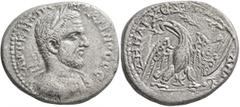 Roman Provincial PHOENICIA. Byblus. Macrinus, 217-218. Tetradrachm (Billon, 27 mm, 13.01 g, 12 h). ΑΥΤΟΚ Μ ΟΠ C[Є] ΜΑΚΡΙΝΟC CЄ Laureate, draped and cuirassed bust of Macrinus to right. Rev. ΔHMAΡX•ЄΞ 