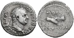 Roman Imperial Vitellius, 69. Denarius (Silver, 18 mm, 3.00 g, 7 h), Lugdunum. A VITELLIVS IMP GERMAN Laureate head of Vitellius to right, with globe at point of bust. Rev. FIDES - EXERCITVVM Clasped 