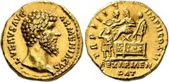Roman Imperial Lucius Verus, 161-169. Aureus (Gold, 19 mm, 7.41 g, 6 h), Rome, 164. •L•VERVS AVG ARMENIACVS Bare head of Lucius Verus to right. Rev. TR P IIII IMP II COS II - REX ARMEN / DAT Lucius Ve