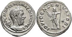 Roman Imperial Macrinus, 217-218. Denarius (Silver, 20 mm, 3.18 g, 12 h), Rome, summer 217-early 218. IMP C M OPEL SEV MACRINVS AVG Laureate and cuirassed bust of Macrinus to right. Rev. IOVI CONSERVA