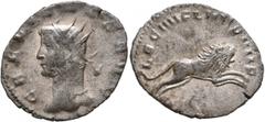 Roman Imperial Gallienus, 253-268. Antoninianus (Billon, 22 mm, 2.42 g, 7 h), Mediolanum, 261. GALLIENVS AVG Radiate head of Gallienus to left. Rev. LEG IIII FL VII P VII F Lion leaping right. Cohen 5