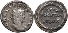 Roman Imperial Gallienus, 253-268. Antoninianus (Billon, 20 mm, 4.13 g, 6 h), Mediolanum, 261. GALLIENVS AVG Radiate bust of Gallienus to right, with slight drapery over his shoulders. Rev. VOTIS / DE