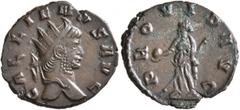 Roman Imperial Gallienus, 253-268. Antoninianus (Bronze, 19 mm, 2.43 g, 6 h), Rome, 262. GALLIENVS AVG Radiate head of Gallienus to right. Rev. PROVID AVG Providentia standing front, head to left, hol