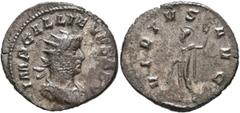 Roman Imperial Gallienus, 253-268. Antoninianus (Billon, 24 mm, 4.14 g, 12 h), Mediolanum, 263. IMP GALLIENVS AVG Radiate, draped and cuirassed bust of Gallienus to right. Rev. VIRTVS AVG Virtus stand