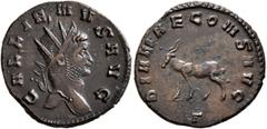 Roman Imperial Gallienus, 253-268. Antoninianus (Bronze, 20 mm, 3.20 g, 6 h), Rome, 267-268. GALLIENVS AVG Radiate head of Gallienus to right. Rev. DIANAE CONS AVG / Γ Antelope walking left. Cohen 165