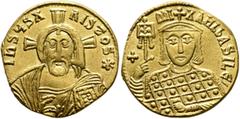 Byzantine Michael III "the Drunkard", 842-867. Solidus (Gold, 20 mm, 4.31 g, 6 h), Constantinopolis, 856-867. IҺSЧS XRISTOS✱ Half-length bust of Christ Pantokrator facing with cross behind, raising hi