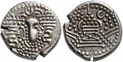 World INDIA, Medieval. Chalukyas of Gujarat. Anonymous, 1030-1120. Gadhaiya (Silver, 17 mm, 4.23 g, 8 h). Stylized Sasanian head to right, wearing crown surmounted by crescent. Rev. Stylized Sasanian 