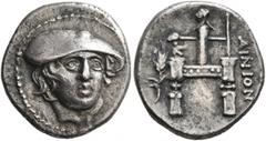 Greek THRACE. Ainos. Circa 357-342/1 BC. Drachm (Silver, 17 mm, 3.49 g, 12 h). Head of Hermes facing slightly to right, wearing petasos. Rev. AINION Archaic cult image of Hermes standing to left on th