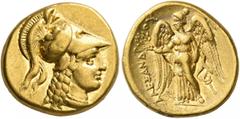 Greek KINGS OF MACEDON. Alexander III ‘the Great’, 336-323 BC. Stater (Gold, 17 mm, 8.54 g, 11 h), Tarsos, struck under Balakros or Menes, circa 332/1-328/7. Head of Athena to right, wearing crested C