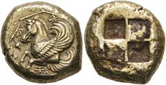 Greek MYSIA. Lampsakos. Circa 411 BC. Stater (Electrum, 21 mm, 15.22 g). Forepart of Pegasos to left; Ξ below; around, grapevine. Rev. Quadripartite incuse square; two quarters raised. Baldwin, Electr