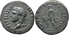 Roman Imperial Vitellius, 69. As (Copper, 29 mm, 9.81 g, 7 h), uncertain mint in Spain (Tarraco?), January-June 69. A VITELLIVS IMP GERMAN Laureate head of Vitellius to left, with globe at point of ne