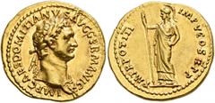 Roman Imperial Domitian, 81-96. Aureus (Gold, 21 mm, 7.81 g, 5 h), Rome, 84. IMP CAES DOMITIANVS AVG GERMANIC Laureate head of Domitian to right, with aegis on his left shoulder. Rev. P M TR POT III I