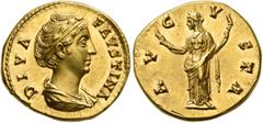 Roman Imperial Diva Faustina Senior, died 140/1. Aureus (Gold, 19 mm, 6.87 g, 7 h), Rome, after 147. DIVA FAVSTINA Diademed and draped bust of Diva Faustina to right. Rev. AVGVSTA Ceres, veiled, stand