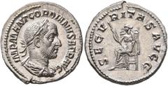 Roman Imperial Gordian I, 238. Denarius (Silver, 20 mm, 3.15 g, 6 h), Rome, March-April 238. IMP M ANT GORDIANVS AFR AVG Laureate, draped and cuirassed bust of Gordian I to right, seen from behind. Re