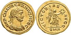 Roman Imperial Carinus, as Caesar, 282-283. Aureus (Gold, 19 mm, 4.69 g, 11 h), Antiochia, spring 283. IMP C M AVR CARINVS NOB C Laureate and cuirassed bust of Carinus to right. Rev. VICTORIAE AVGG / 
