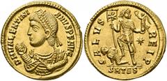 Roman Imperial Valentinian I, 364-375. Solidus (Gold, 21 mm, 4.52 g, 11 h), Thessalonica, 365. D N VALENTINI-ANVS P F AVG Pearl-diademed bust of Valentinian I to left, wearing elaborate consular robes