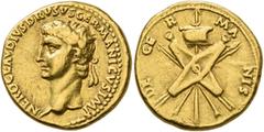 Roman Imperial Nero Claudius Drusus, died 9 BC. Aureus (Gold, 19 mm, 7.61 g, 4 h), Lugdunum, struck under Claudius, circa 41-42. NERO CLAVDIVS DRVSVS GERMANICVS IMP Head of Nero Claudius Drusus to lef
