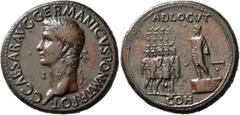 Roman Imperial Gaius (Caligula), 37-41. Sestertius (Orichalcum, 35 mm, 30.80 g, 6 h), Rome, 37-38. C•CAESAR•AVG•GERMANICVS•PON•M•TR•POT• Laureate head of Gaius to left. Rev. ADLOCVT / COH Gaius, togat