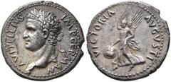 Roman Imperial Vitellius, 69. Denarius (Silver, 19 mm, 3.65 g, 7 h), uncertain mint in Spain (Tarraco?), 2 January-18 July 69. A VITELLIVS IMP GERMAN Laureate head of Vitellius to left, small globe at