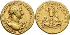 Roman Imperial Trajan, 98-117. Aureus (Gold, 19 mm, 7.43 g, 7 h), Rome, summer-autumn 116. IMP CAES NER TRAIAN OPTIM AVG GER DAC PARTHICO Laureate and heroically nude bust of Trajan to right, wearing 