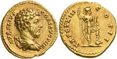 Roman Imperial Marcus Aurelius, as Caesar, 139-161. Aureus (Gold, 20 mm, 7.24 g, 6 h), Rome, 158-159. AVRELIVS CAES AVG PII F Bare-headed and draped bust of Marcus Aurelius to right, seen from behind.